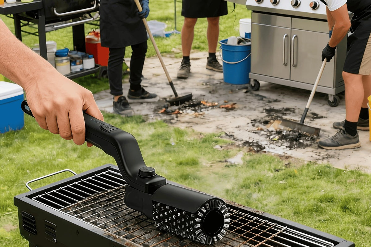 A close-up of a hand holding a black handheld grill cleaning brush with a bristle roller over a grill grate, with people cleaning a patio grill in the background outdoors.